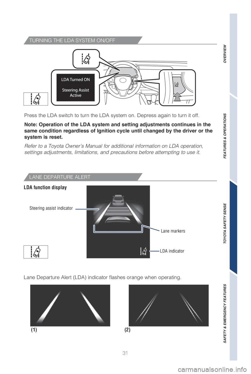 TOYOTA CAMRY HYBRID 2019   (in English) Owners Guide 31
�5�6�3�/I�/�( �5�)�& �-�%A �4�:�4�5�&�. �0�/��0��
Press the LDA switch to turn the LDA system on. Depress again to turn it\
 off.
Note: Operation of the LDA system and setting adjustments contin