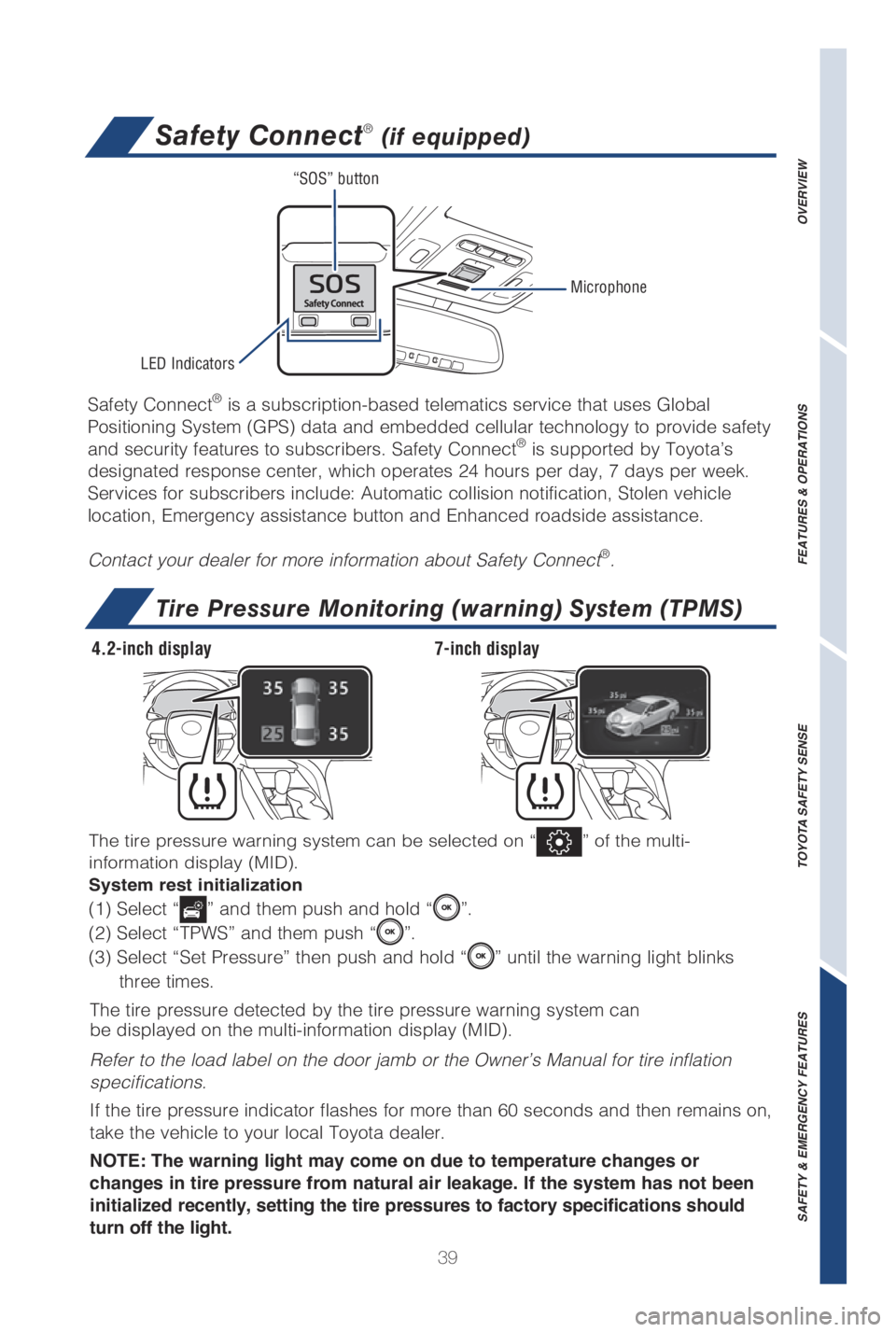 TOYOTA CAMRY HYBRID 2019   (in English) Service Manual 39
OVERVIEW
FEATURES & OPERATIONS
TOYOTA SAFETY SENSE
SAFETY & EMERGENCY FEATURES
Safety Connect® (if equipped)
Safety Connect® is a subscription-based telematics service that uses Global 
�1osition