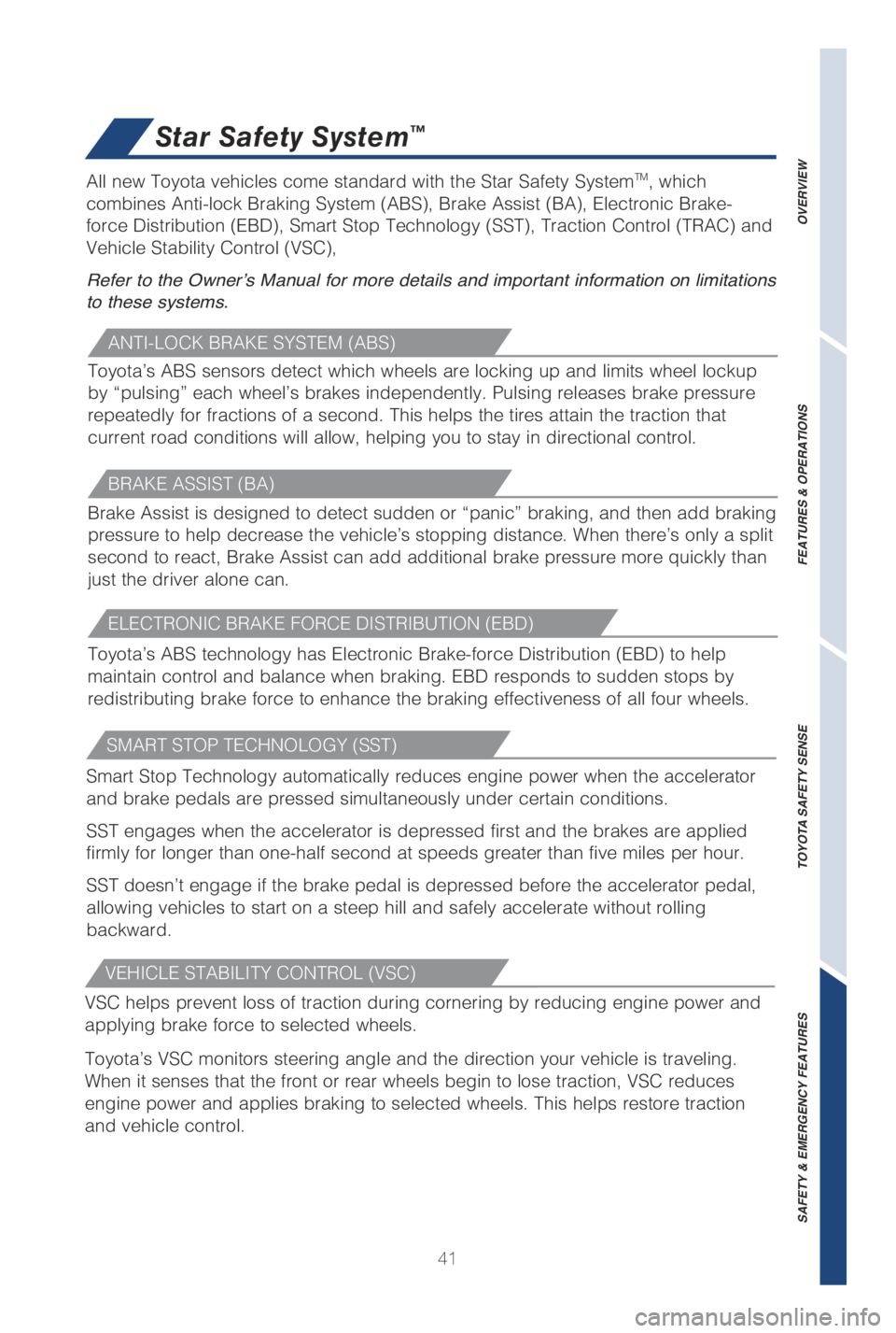 TOYOTA CAMRY HYBRID 2019   (in English) Service Manual 41
Star Safety System™
OVERVIEW
FEATURES & OPERATIONS
TOYOTA SAFETY SENSE
SAFETY & EMERGENCY FEATURES
A�/�5I��-�0�$�, �#�3A�,�& �4�:�4�5�&�. �	A�#�4�

Toyota’s ABS sensors detect which wheels are