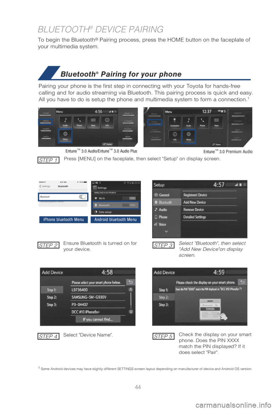 TOYOTA CAMRY HYBRID 2019   (in English) Service Manual 44
BLUETOOTH® DEVICE PAIRING
To begin the Bluetooth® �1airing �Qrocess, �Qress the �)�0�.�& �Cutton on the face�Q�Mate of 
your multimedia system.
Bluetooth® Pairing for your phone
Pairing your pho