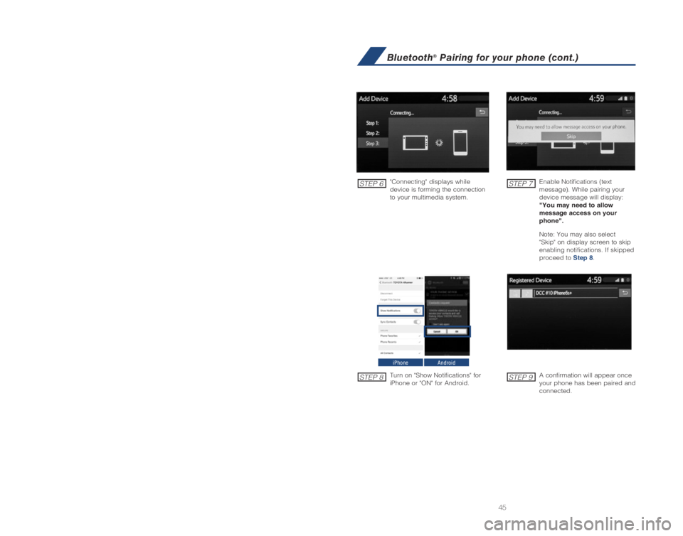 TOYOTA CAMRY HYBRID 2019   (in English) Service Manual 45
CAMRY HYBRID 2019
A word about safe vehicle operations
"Connecting" displays while 
device is forming the connection 
to your multimedia system.Enable Notifications (text 
message). While pairing y