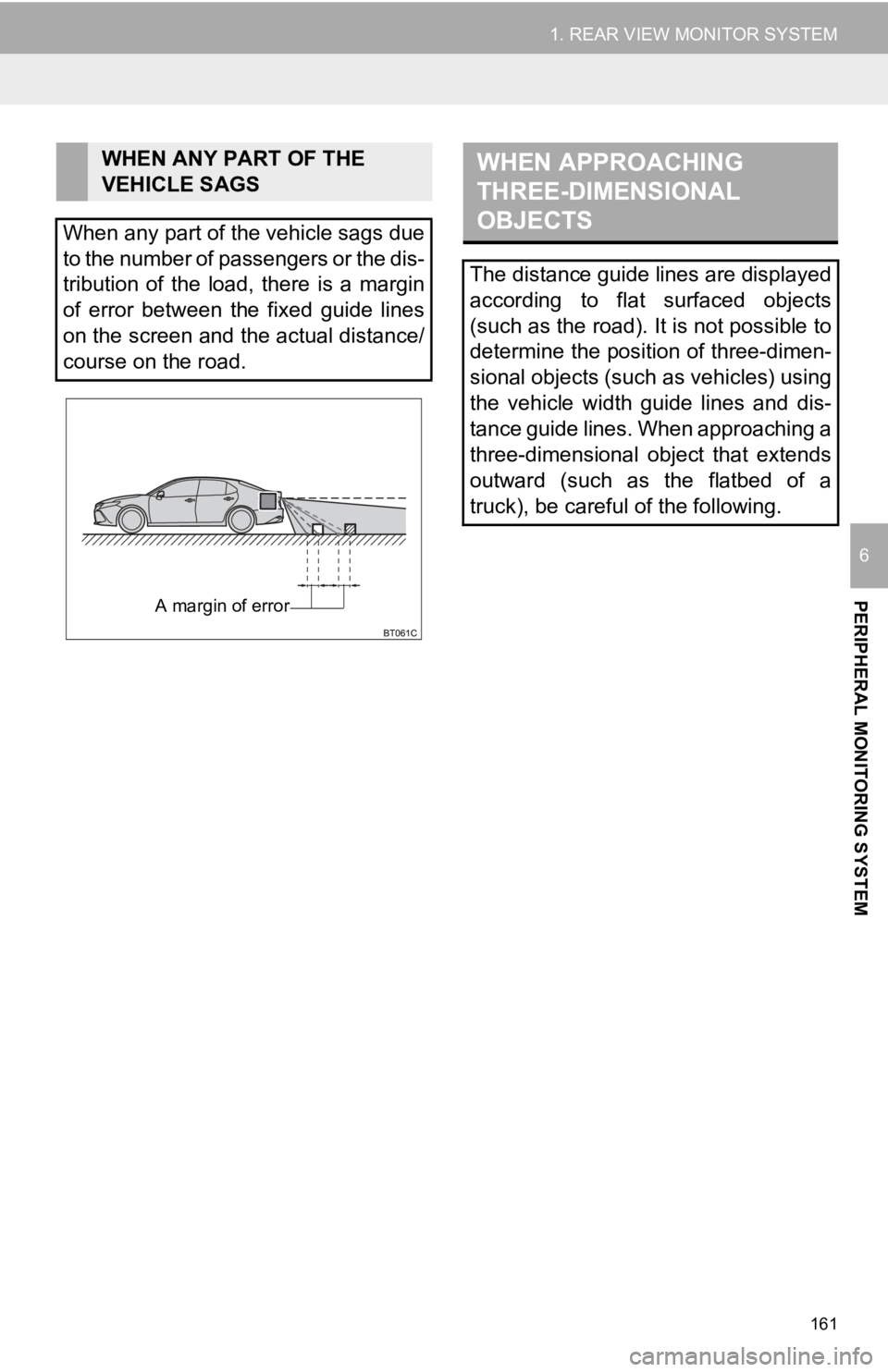TOYOTA CAMRY HYBRID 2019 Accessories, Audio & Navigation (in English) 161
1. REAR VIEW MONITOR SYSTEM
PERIPHERAL MONITORING SYSTEM
6
WHEN ANY PART OF THE
VEHICLE SAGS
When any part of the vehicle sags due
to the number of passengers or the dis-
tribution of the load TOYOTA CAMRY HYBRID 2019 Accessories, Audio & Navigation (in English) 161
1. REAR VIEW MONITOR SYSTEM
PERIPHERAL MONITORING SYSTEM
6
WHEN ANY PART OF THE
VEHICLE SAGS
When any part of the vehicle sags due
to the number of passengers or the dis-
tribution of the load