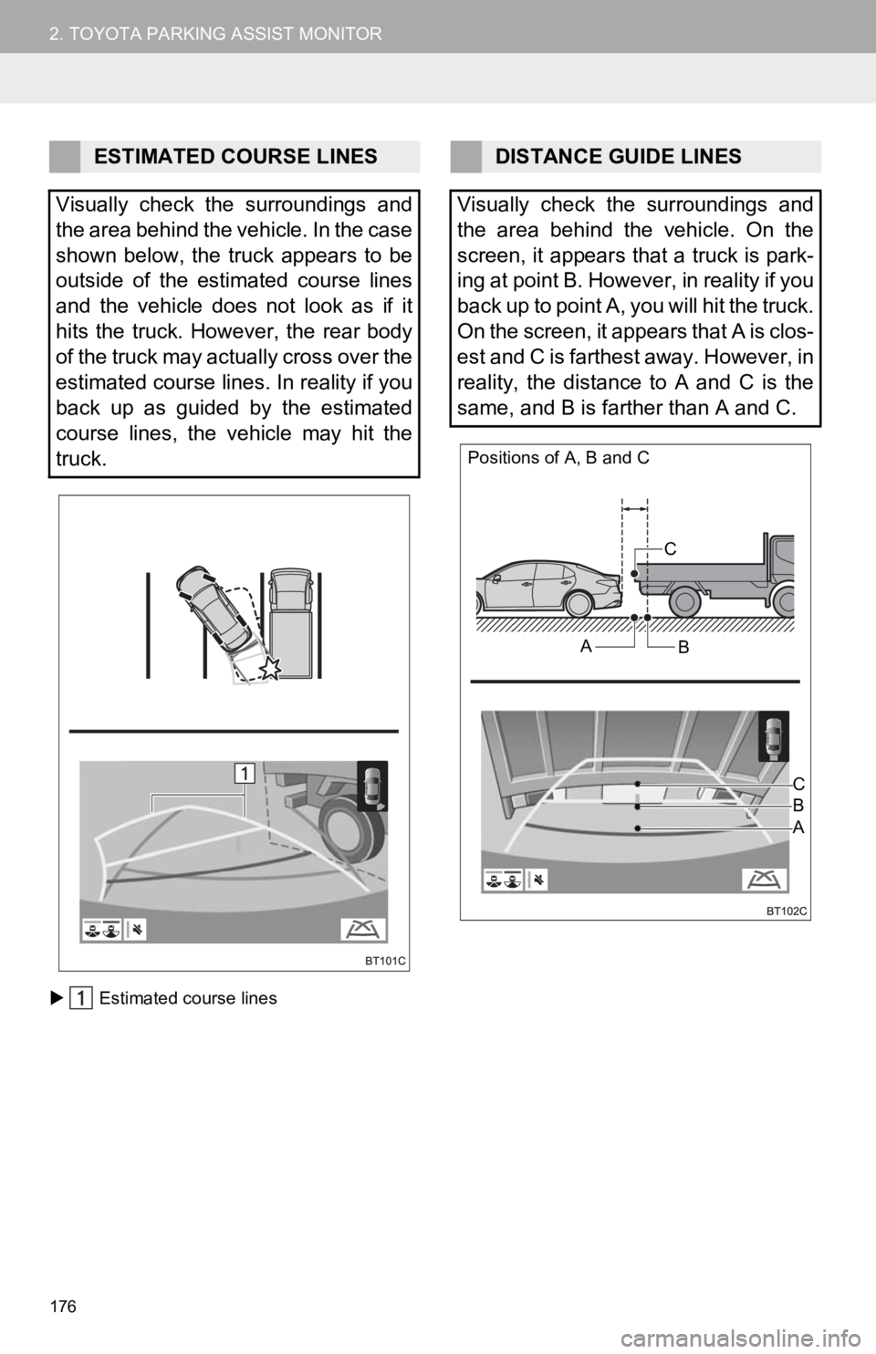 TOYOTA CAMRY HYBRID 2019 Accessories, Audio & Navigation (in English) 176
2. TOYOTA PARKING ASSIST MONITOR
Estimated course lines
ESTIMATED COURSE LINES
Visually check the surroundings and
the area behind the vehicle. In the case
shown below, the truck appear TOYOTA CAMRY HYBRID 2019 Accessories, Audio & Navigation (in English) 176
2. TOYOTA PARKING ASSIST MONITOR
Estimated course lines
ESTIMATED COURSE LINES
Visually check the surroundings and
the area behind the vehicle. In the case
shown below, the truck appear