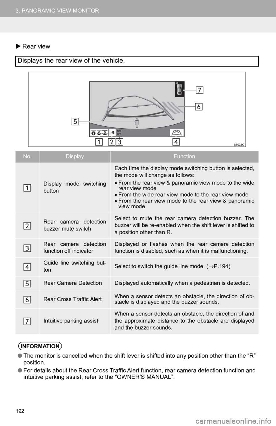 TOYOTA CAMRY HYBRID 2019 Accessories, Audio & Navigation (in English) 192
3. PANORAMIC VIEW MONITOR
Rear view
Displays the rear view of the vehicle.
No.DisplayFunction
Display mode switching
button
Each time the display mode switching button is selected,
the mode w TOYOTA CAMRY HYBRID 2019 Accessories, Audio & Navigation (in English) 192
3. PANORAMIC VIEW MONITOR
Rear view
Displays the rear view of the vehicle.
No.DisplayFunction
Display mode switching
button
Each time the display mode switching button is selected,
the mode w