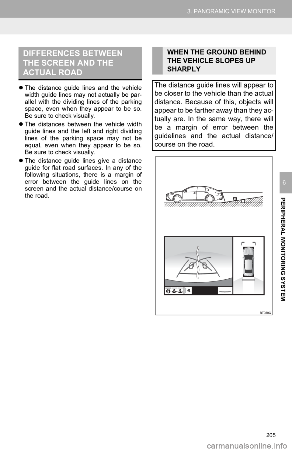 TOYOTA CAMRY HYBRID 2019 Accessories, Audio & Navigation (in English) 205
3. PANORAMIC VIEW MONITOR
PERIPHERAL MONITORING SYSTEM
6
The distance guide lines and the vehicle
width guide lines may not actually be par-
allel with the dividing lines of the TOYOTA CAMRY HYBRID 2019 Accessories, Audio & Navigation (in English) 205
3. PANORAMIC VIEW MONITOR
PERIPHERAL MONITORING SYSTEM
6
The distance guide lines and the vehicle
width guide lines may not actually be par-
allel with the dividing lines of the