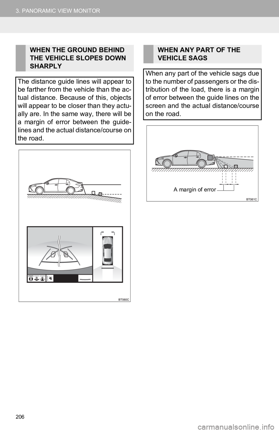 TOYOTA CAMRY HYBRID 2019 Accessories, Audio & Navigation (in English) 206
3. PANORAMIC VIEW MONITOR
WHEN THE GROUND BEHIND
THE VEHICLE SLOPES DOWN
SHARPLY
The distance guide lines will appear to
be farther from the vehicle than the ac-
tual distance. Because of th TOYOTA CAMRY HYBRID 2019 Accessories, Audio & Navigation (in English) 206
3. PANORAMIC VIEW MONITOR
WHEN THE GROUND BEHIND
THE VEHICLE SLOPES DOWN
SHARPLY
The distance guide lines will appear to
be farther from the vehicle than the ac-
tual distance. Because of th