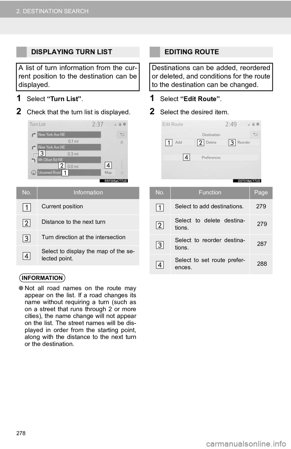 TOYOTA CAMRY HYBRID 2019 Accessories, Audio & Navigation (in English) 278
2. DESTINATION SEARCH
1Select “Turn List” .
2Check that the turn list is displayed.
1Select “Edit Route” .
2Select the desired item.
DISPLAYING TURN LIST
A list of turn information fr TOYOTA CAMRY HYBRID 2019 Accessories, Audio & Navigation (in English) 278
2. DESTINATION SEARCH
1Select “Turn List” .
2Check that the turn list is displayed.
1Select “Edit Route” .
2Select the desired item.
DISPLAYING TURN LIST
A list of turn information fr