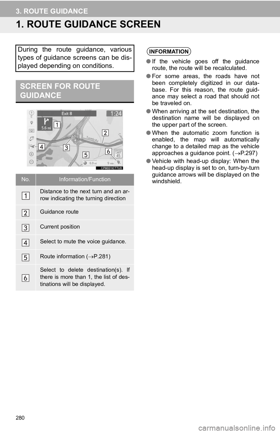 TOYOTA CAMRY HYBRID 2019 Accessories, Audio & Navigation (in English) 280
3. ROUTE GUIDANCE
1. ROUTE GUIDANCE SCREEN
During the route guidance, various
types of guidance screens can be dis-
played depending on conditions.
SCREEN FOR ROUTE
GUIDANCE
No.Information/Fu TOYOTA CAMRY HYBRID 2019 Accessories, Audio & Navigation (in English) 280
3. ROUTE GUIDANCE
1. ROUTE GUIDANCE SCREEN
During the route guidance, various
types of guidance screens can be dis-
played depending on conditions.
SCREEN FOR ROUTE
GUIDANCE
No.Information/Fu