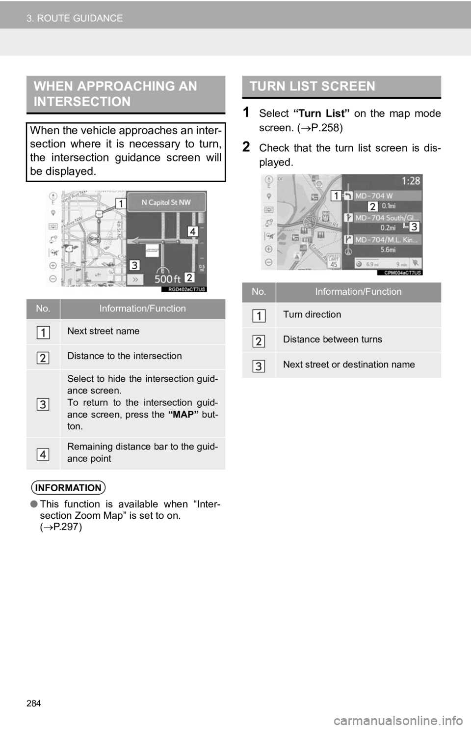 TOYOTA CAMRY HYBRID 2019 Accessories, Audio & Navigation (in English) 284
3. ROUTE GUIDANCE
1Select “Turn List” on the map mode
screen. ( P.258)
2Check that the turn list screen is dis-
played.
WHEN APPROACHING AN
INTERSECTION
When the vehicle appro TOYOTA CAMRY HYBRID 2019 Accessories, Audio & Navigation (in English) 284
3. ROUTE GUIDANCE
1Select “Turn List” on the map mode
screen. ( P.258)
2Check that the turn list screen is dis-
played.
WHEN APPROACHING AN
INTERSECTION
When the vehicle appro