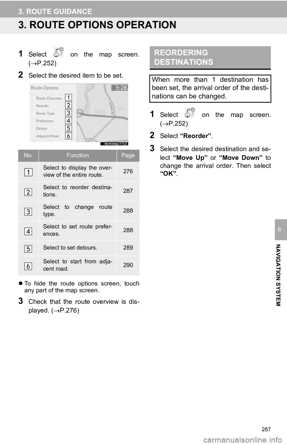 TOYOTA CAMRY HYBRID 2019 Accessories, Audio & Navigation (in English) 287
3. ROUTE GUIDANCE
NAVIGATION SYSTEM
8
3. ROUTE OPTIONS OPERATION
1Select on the map screen.
(P.252)
2Select the desired item to be set.
To hide the route options screen, touch
an TOYOTA CAMRY HYBRID 2019 Accessories, Audio & Navigation (in English) 287
3. ROUTE GUIDANCE
NAVIGATION SYSTEM
8
3. ROUTE OPTIONS OPERATION
1Select on the map screen.
(P.252)
2Select the desired item to be set.
To hide the route options screen, touch
an
