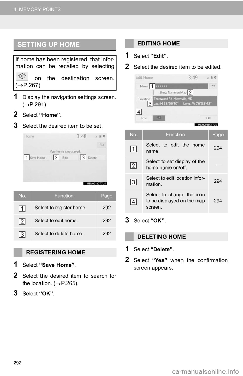 TOYOTA CAMRY HYBRID 2019 Accessories, Audio & Navigation (in English) 292
4. MEMORY POINTS
1Display the navigation settings screen.
(P.291)
2Select “Home” .
3Select the desired item to be set.
1Select “Save Home” .
2Select the desired item to search for TOYOTA CAMRY HYBRID 2019 Accessories, Audio & Navigation (in English) 292
4. MEMORY POINTS
1Display the navigation settings screen.
(P.291)
2Select “Home” .
3Select the desired item to be set.
1Select “Save Home” .
2Select the desired item to search for
