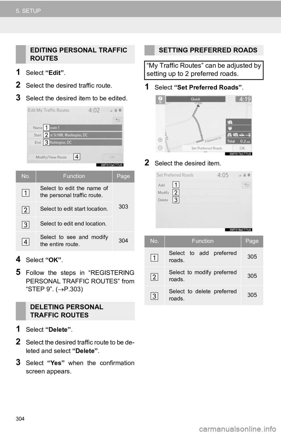 TOYOTA CAMRY HYBRID 2019 Accessories, Audio & Navigation (in English) 304
5. SETUP
1Select “Edit”.
2Select the desired traffic route.
3Select the desired item to be edited.
4Select “OK”.
5Follow the steps in “REGISTERING
PERSONAL TRAFFIC ROUTES” from
“ TOYOTA CAMRY HYBRID 2019 Accessories, Audio & Navigation (in English) 304
5. SETUP
1Select “Edit”.
2Select the desired traffic route.
3Select the desired item to be edited.
4Select “OK”.
5Follow the steps in “REGISTERING
PERSONAL TRAFFIC ROUTES” from
“