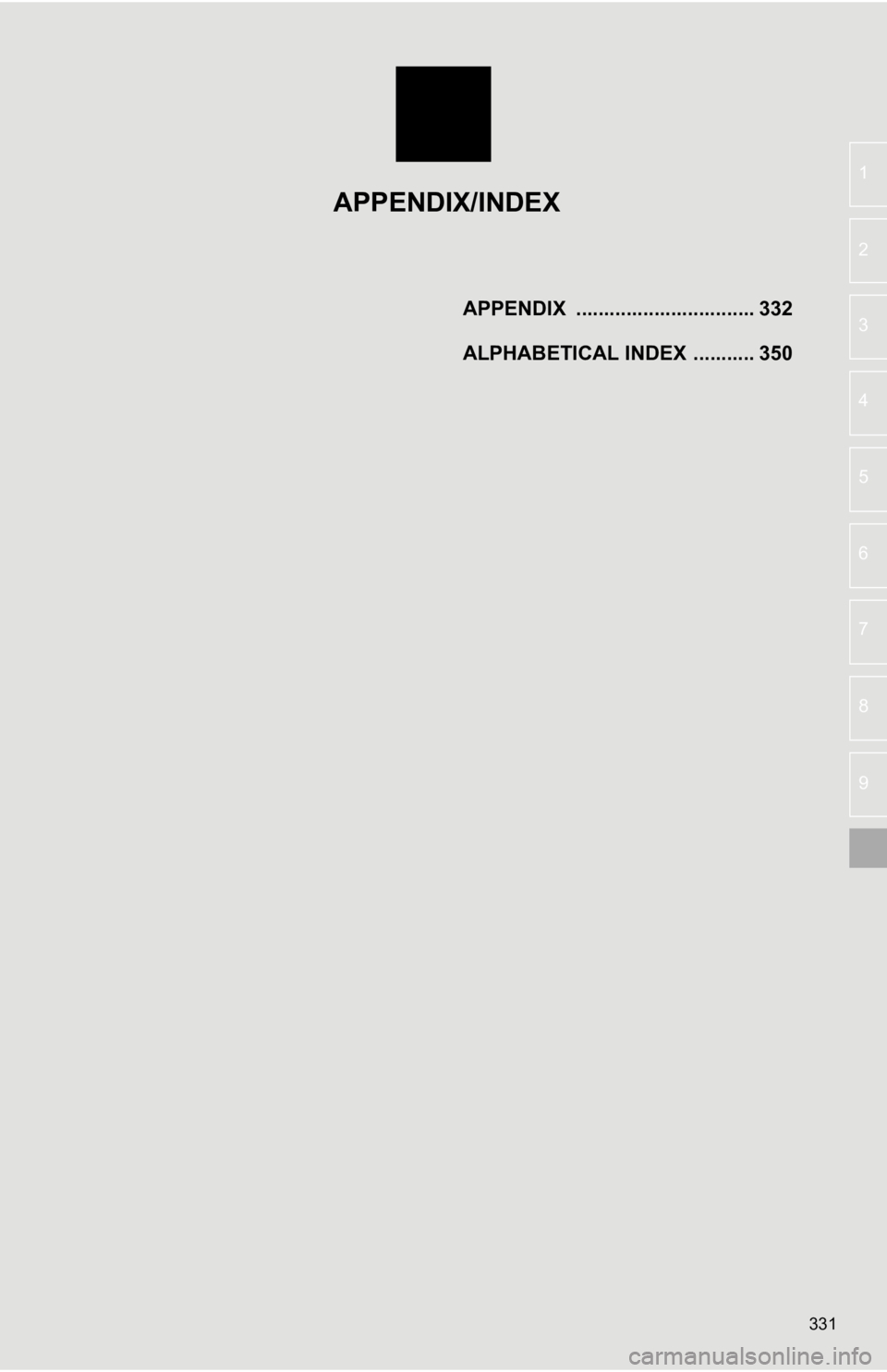 TOYOTA CAMRY HYBRID 2019 Accessories, Audio & Navigation (in English) 331
4
5
6
7
8
9
1
2
3APPENDIX ................................ 332
ALPHABETICAL INDEX ........... 350
APPENDIX/INDEX TOYOTA CAMRY HYBRID 2019 Accessories, Audio & Navigation (in English) 331
4
5
6
7
8
9
1
2
3APPENDIX ................................ 332
ALPHABETICAL INDEX ........... 350
APPENDIX/INDEX