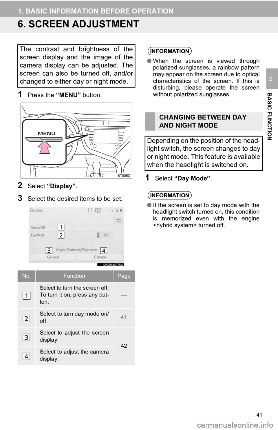 TOYOTA CAMRY HYBRID 2019 Accessories, Audio & Navigation (in English) 41
1. BASIC INFORMATION BEFORE OPERATION
BASIC FUNCTION
2
6. SCREEN ADJUSTMENT
1Press the “MENU” button.
2Select “Display”.
3Select the desired items to be set.
1Select “Day Mode” .
The TOYOTA CAMRY HYBRID 2019 Accessories, Audio & Navigation (in English) 41
1. BASIC INFORMATION BEFORE OPERATION
BASIC FUNCTION
2
6. SCREEN ADJUSTMENT
1Press the “MENU” button.
2Select “Display”.
3Select the desired items to be set.
1Select “Day Mode” .
The