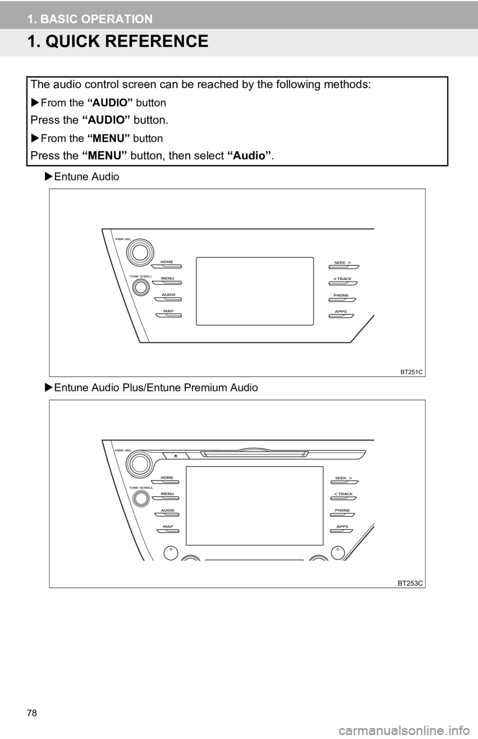 TOYOTA CAMRY HYBRID 2019 Accessories, Audio & Navigation (in English) 78
1. BASIC OPERATION
1. QUICK REFERENCE
Entune Audio
Entune Audio Plus/E ntune Premium Audio
The audio control screen can be reached by the following method s:
From the “AUDIO” button
TOYOTA CAMRY HYBRID 2019 Accessories, Audio & Navigation (in English) 78
1. BASIC OPERATION
1. QUICK REFERENCE
Entune Audio
Entune Audio Plus/E ntune Premium Audio
The audio control screen can be reached by the following method s:
From the “AUDIO” button
