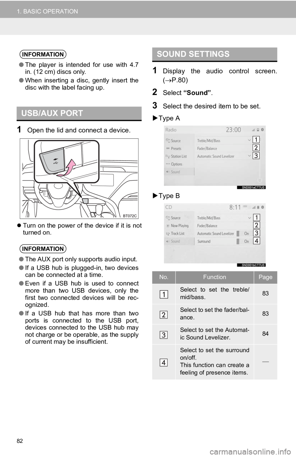 TOYOTA CAMRY HYBRID 2019 Accessories, Audio & Navigation (in English) 82
1. BASIC OPERATION
1Open the lid and connect a device.
Turn on the power of the device if it is not
turned on.
1Display the audio control screen.
( P.80)
2Select “Sound” .
3Select th TOYOTA CAMRY HYBRID 2019 Accessories, Audio & Navigation (in English) 82
1. BASIC OPERATION
1Open the lid and connect a device.
Turn on the power of the device if it is not
turned on.
1Display the audio control screen.
( P.80)
2Select “Sound” .
3Select th