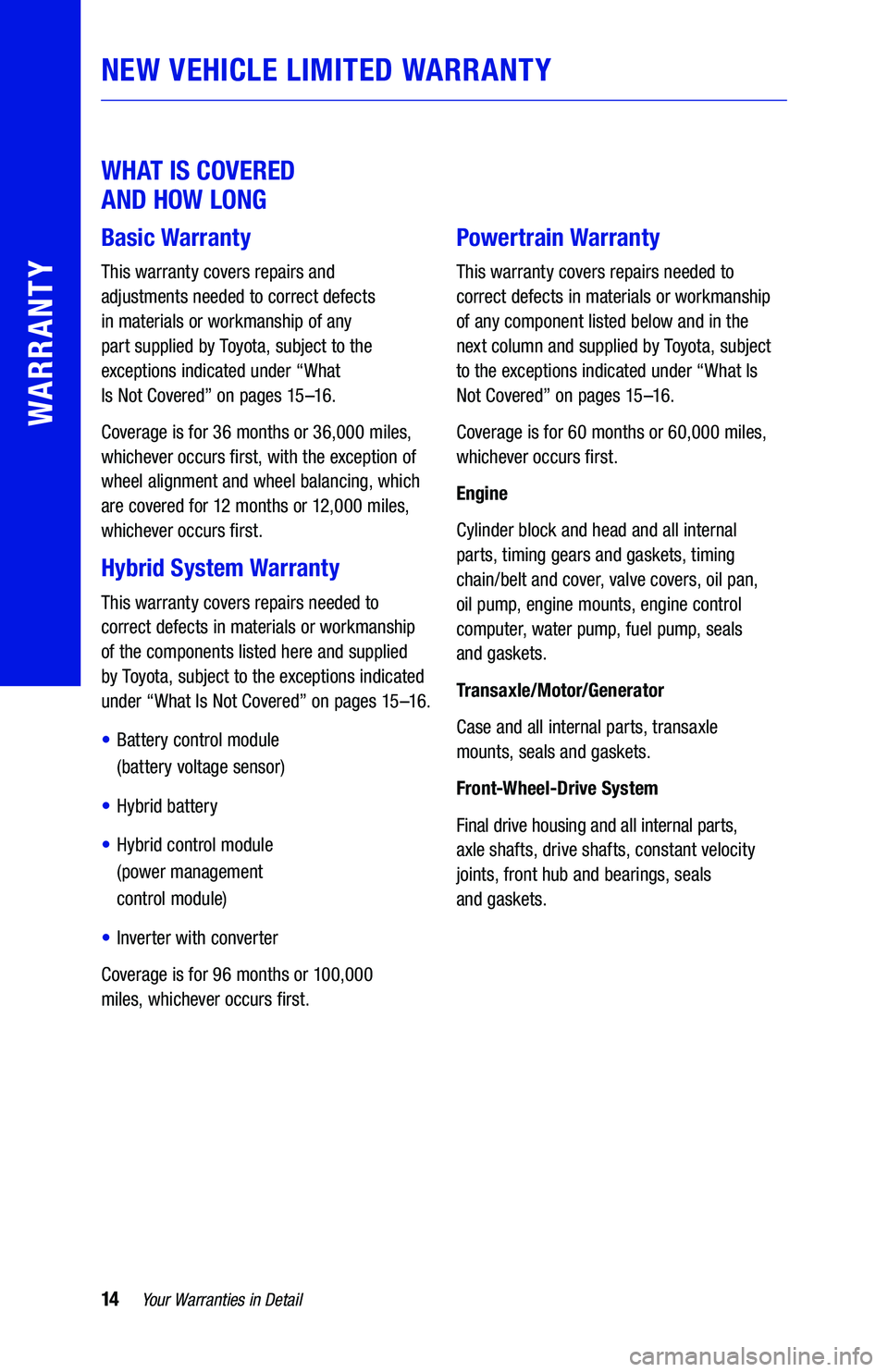 TOYOTA CAMRY HYBRID 2019 Warranties & Maintenance Guides (in English) 14Your Warranties in Detail
WARRANTY
NEW VEHICLE LIMITED WARRANTY
WHAT IS COVERED
AND HOW LONG
Basic Warranty
This warranty covers repairs and
adjustments needed to correct defects
in materia TOYOTA CAMRY HYBRID 2019 Warranties & Maintenance Guides (in English) 14Your Warranties in Detail
WARRANTY
NEW VEHICLE LIMITED WARRANTY
WHAT IS COVERED
AND HOW LONG
Basic Warranty
This warranty covers repairs and
adjustments needed to correct defects
in materia