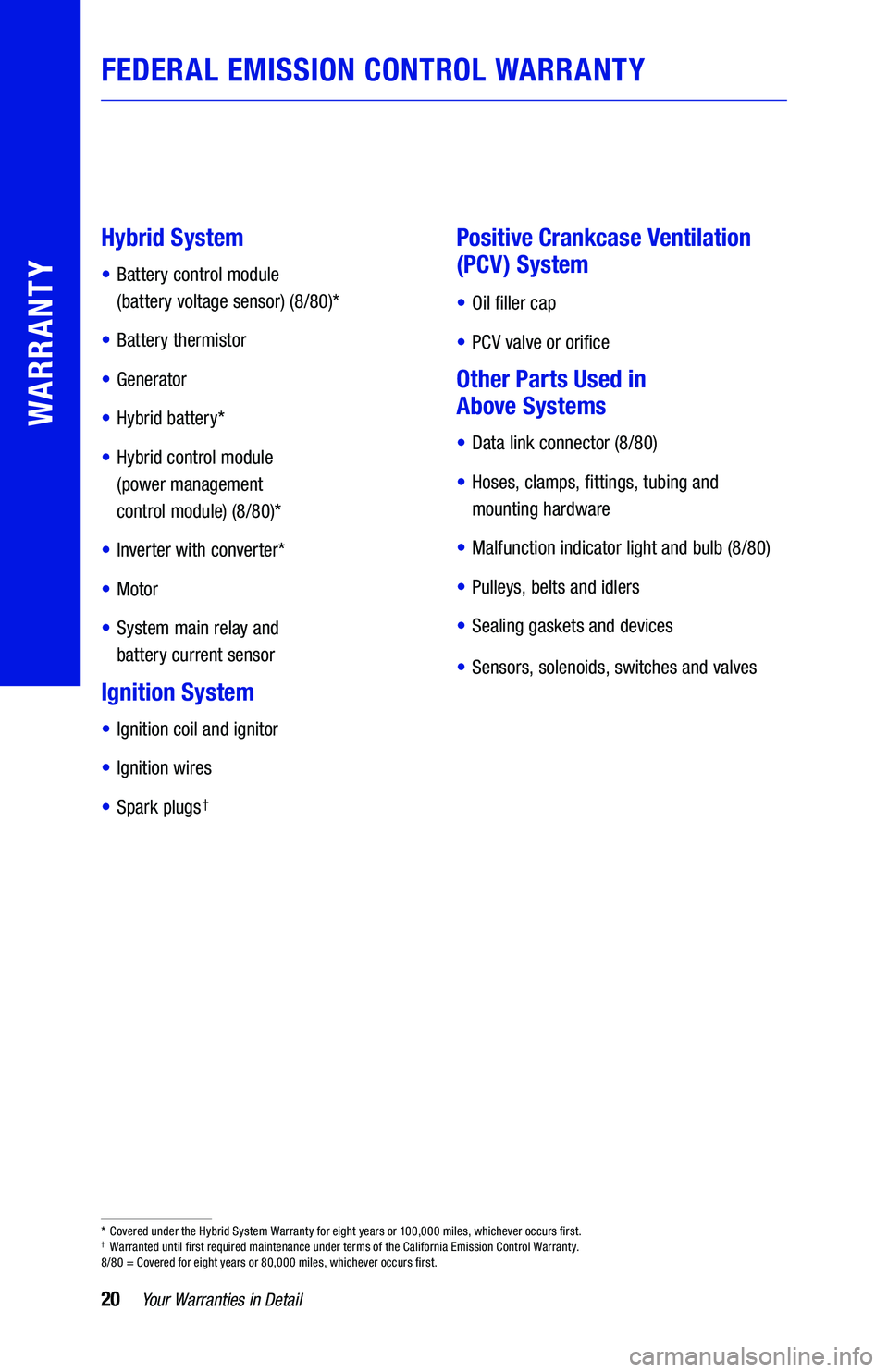 TOYOTA CAMRY HYBRID 2019 Warranties & Maintenance Guides (in English) 20Your Warranties in Detail
WARRANTY
FEDERAL EMISSION CONTROL WARRANTY
Hybrid System
• Battery control module
(battery voltage sensor) (8/80)*
• Battery thermistor
• Generator
• Hybrid TOYOTA CAMRY HYBRID 2019 Warranties & Maintenance Guides (in English) 20Your Warranties in Detail
WARRANTY
FEDERAL EMISSION CONTROL WARRANTY
Hybrid System
• Battery control module
(battery voltage sensor) (8/80)*
• Battery thermistor
• Generator
• Hybrid