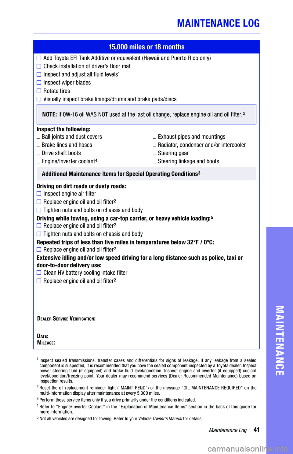 TOYOTA CAMRY HYBRID 2019 Warranties & Maintenance Guides (in English) 41Maintenance Log
MAINTENANCE LOG
MAINTENANCE
15,000 miles or 18 months
Add Toyota EFI Tank Additive or equivalent (Hawaii and Puerto Rico only)
Check installation of driver’s floor mat
Inspect and TOYOTA CAMRY HYBRID 2019 Warranties & Maintenance Guides (in English) 41Maintenance Log
MAINTENANCE LOG
MAINTENANCE
15,000 miles or 18 months
Add Toyota EFI Tank Additive or equivalent (Hawaii and Puerto Rico only)
Check installation of driver’s floor mat
Inspect and