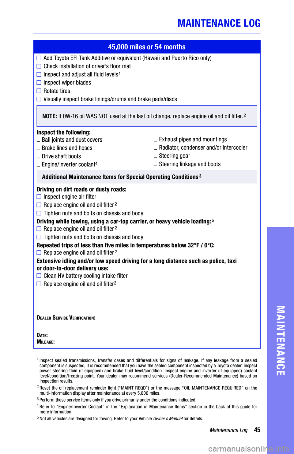 TOYOTA CAMRY HYBRID 2019 Warranties & Maintenance Guides (in English) 45Maintenance Log
MAINTENANCE LOG
MAINTENANCE
45,000 miles or 54 months
Add Toyota EFI Tank Additive or equivalent (Hawaii and Puerto Rico only)
Check installation of driver’s floor mat
Inspect and TOYOTA CAMRY HYBRID 2019 Warranties & Maintenance Guides (in English) 45Maintenance Log
MAINTENANCE LOG
MAINTENANCE
45,000 miles or 54 months
Add Toyota EFI Tank Additive or equivalent (Hawaii and Puerto Rico only)
Check installation of driver’s floor mat
Inspect and