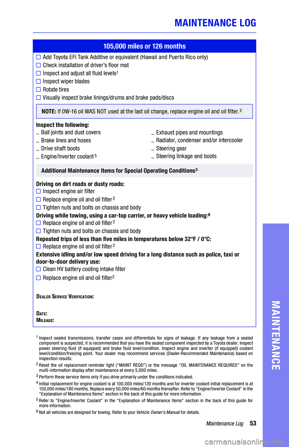 TOYOTA CAMRY HYBRID 2019  Warranties & Maintenance Guides (in English) 53Maintenance Log
MAINTENANCE LOG
MAINTENANCE
105,000 miles or 126 months
Add Toyota EFI Tank Additive or equivalent (Hawaii and Puerto Rico only)
Check installation of driver’s floor mat
Inspect an