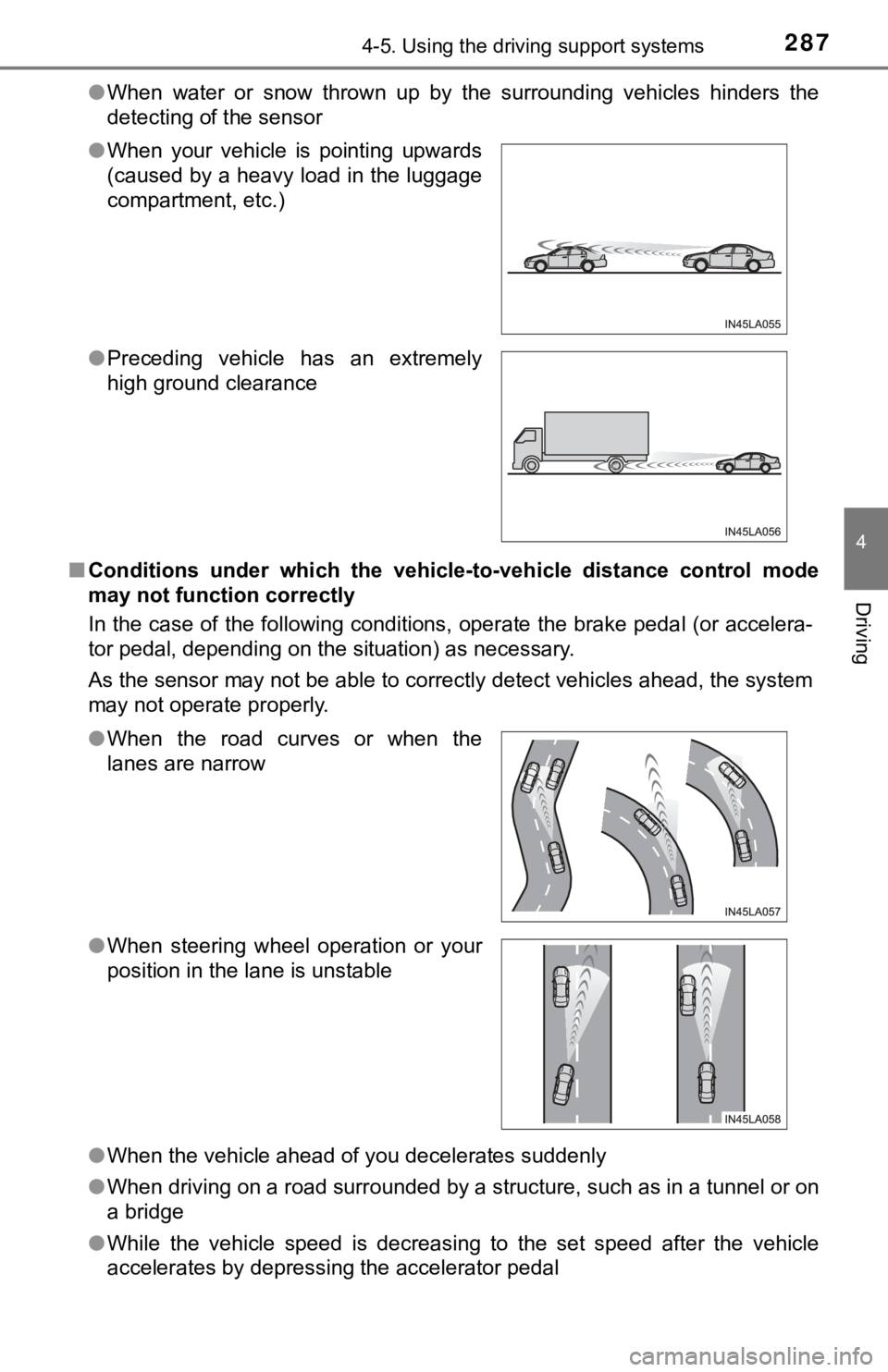 TOYOTA CAMRY HYBRID 2020 (in English) Owners Guide 2874-5. Using the driving support systems
4
Driving
●When water or snow thrown up by the surrounding vehicles hinders the
detecting of the sensor
■ Conditions under which the vehic TOYOTA CAMRY HYBRID 2020 (in English) Owners Guide 2874-5. Using the driving support systems
4
Driving
●When water or snow thrown up by the surrounding vehicles hinders the
detecting of the sensor
■ Conditions under which the vehic