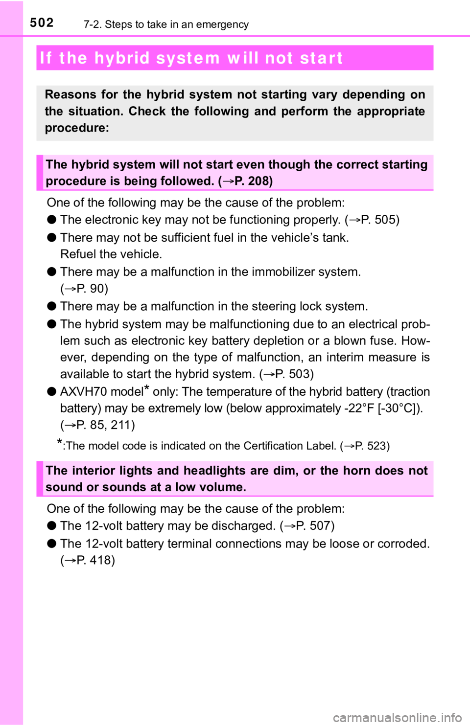 TOYOTA CAMRY HYBRID 2020  Owners Manual (in English) 5027-2. Steps to take in an emergency
One of the following may be the cause of the problem:
● The electronic key may not  be functioning properly. (P. 505)
● There may not be sufficient f uel i