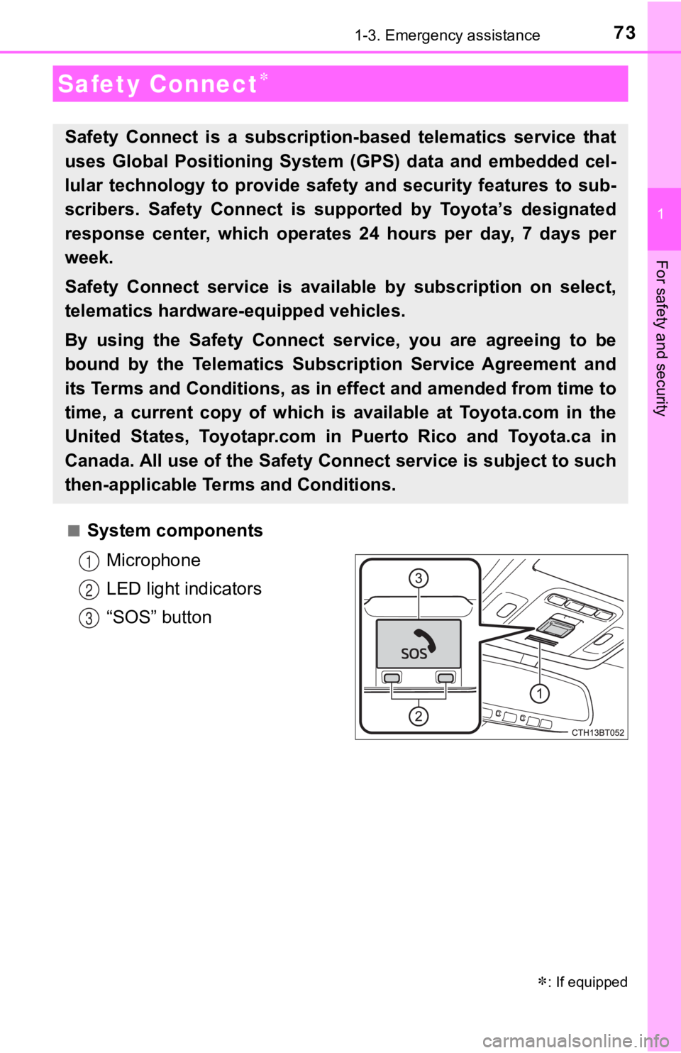 TOYOTA CAMRY HYBRID 2020 Owners Manual (in English) 73
1
For safety and security
1-3. Emergency assistance
■System componentsMicrophone
LED light indicators
“SOS” button
Safety Connect
: If equipped
Safety Connect is a subscription-base TOYOTA CAMRY HYBRID 2020 Owners Manual (in English) 73
1
For safety and security
1-3. Emergency assistance
■System componentsMicrophone
LED light indicators
“SOS” button
Safety Connect
: If equipped
Safety Connect is a subscription-base