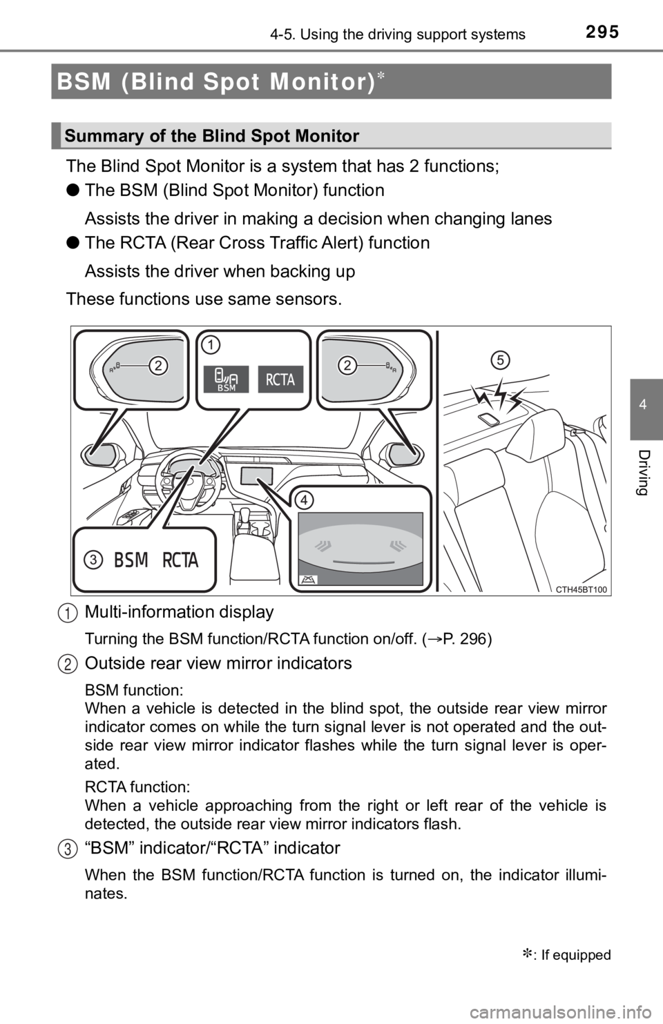 TOYOTA CAMRY HYBRID 2020 (in English) Owners Guide 2954-5. Using the driving support systems
4
Driving
The Blind Spot Monitor is a system that has 2 functions;
● The BSM (Blind Spot Monitor) function
Assists the driver in making a decision when cha TOYOTA CAMRY HYBRID 2020 (in English) Owners Guide 2954-5. Using the driving support systems
4
Driving
The Blind Spot Monitor is a system that has 2 functions;
● The BSM (Blind Spot Monitor) function
Assists the driver in making a decision when cha