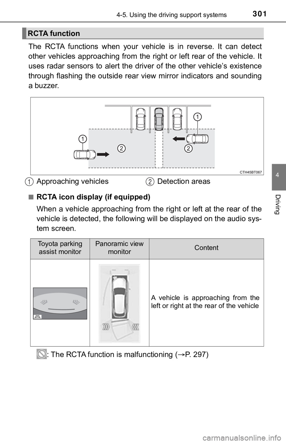 TOYOTA CAMRY HYBRID 2020 (in English) Service Manual 3014-5. Using the driving support systems
4
Driving
The RCTA functions when your vehicle is in reverse. It can detect
other vehicles approaching from the right or left rear of the v ehicle. TOYOTA CAMRY HYBRID 2020 (in English) Service Manual 3014-5. Using the driving support systems
4
Driving
The RCTA functions when your vehicle is in reverse. It can detect
other vehicles approaching from the right or left rear of the v ehicle.