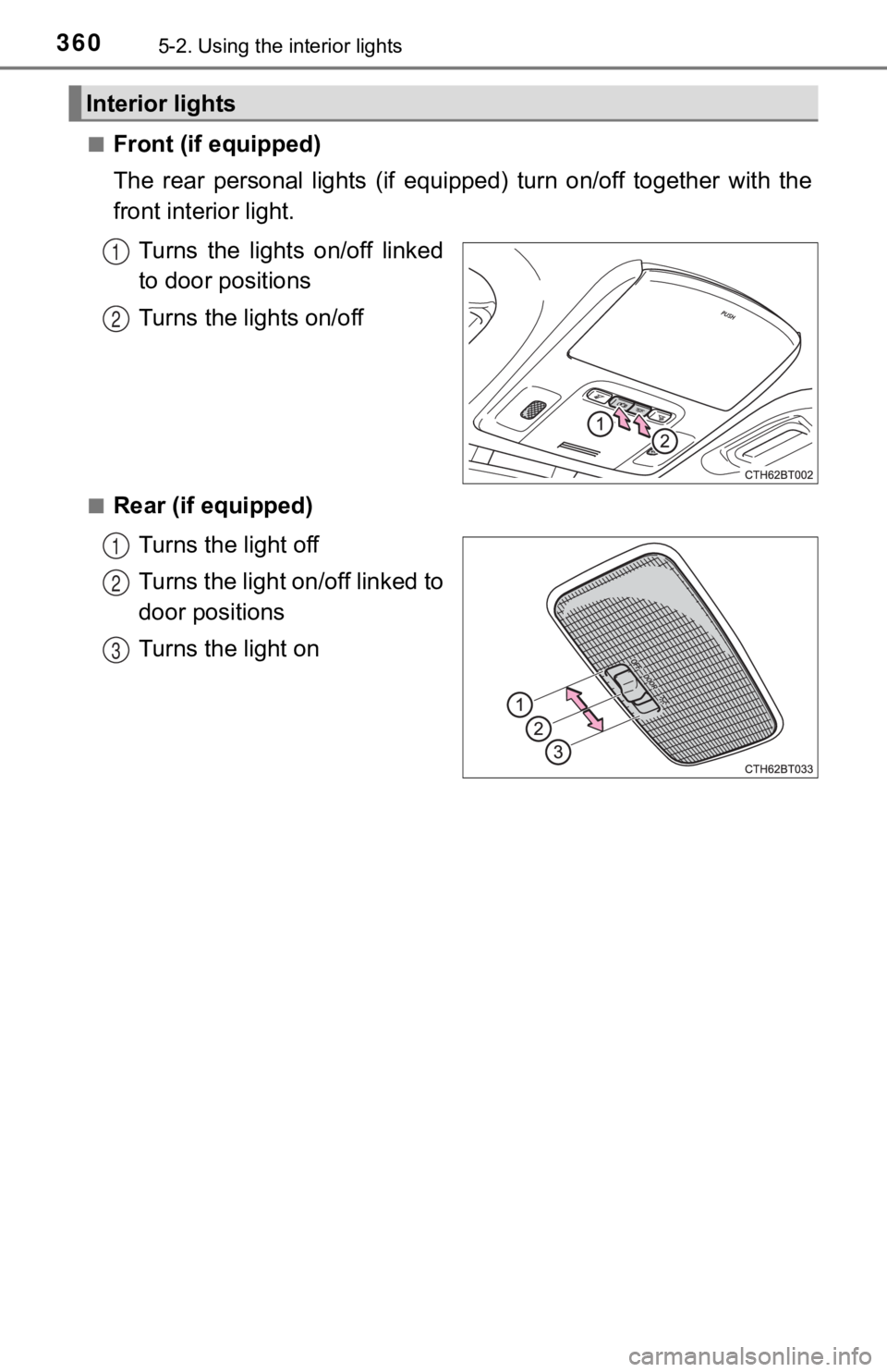 TOYOTA CAMRY HYBRID 2020 Owners Manual (in English) 3605-2. Using the interior lights
■Front (if equipped)
The rear personal lights (if equipped) turn on/off together with the
front interior light.
Turns the lights on/off linked
to door TOYOTA CAMRY HYBRID 2020 Owners Manual (in English) 3605-2. Using the interior lights
■Front (if equipped)
The rear personal lights (if equipped) turn on/off together with the
front interior light.
Turns the lights on/off linked
to door