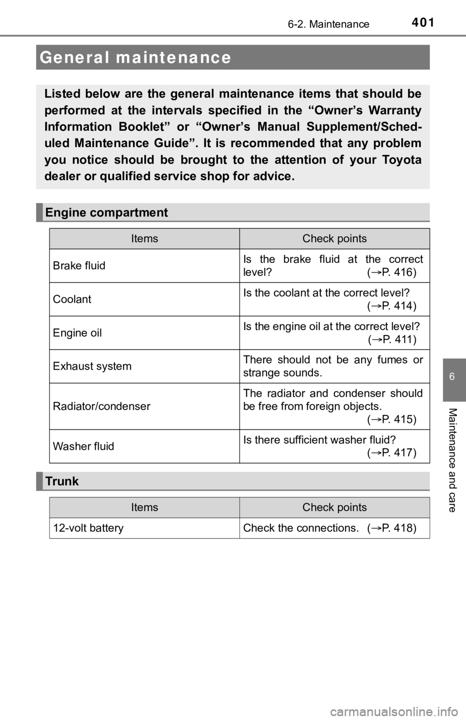 TOYOTA CAMRY HYBRID 2020 (in English) User Guide 4016-2. Maintenance
6
Maintenance and care
General maintenance
Listed below are the general maintenance items that should be
performed at the intervals specified in the “Owner’s W TOYOTA CAMRY HYBRID 2020 (in English) User Guide 4016-2. Maintenance
6
Maintenance and care
General maintenance
Listed below are the general maintenance items that should be
performed at the intervals specified in the “Owner’s W