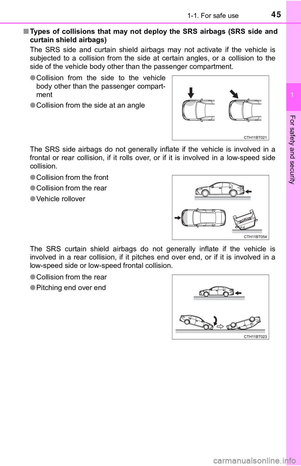 TOYOTA CAMRY HYBRID 2020   (in English) Service Manual 451-1. For safe use
1
For safety and security
■Types  of  collisions  that  may  not  deploy  the  SRS  airbags  (SRS  si de  and
curtain shield airbags)
The  SRS  side  and  curtain  shield  airbag