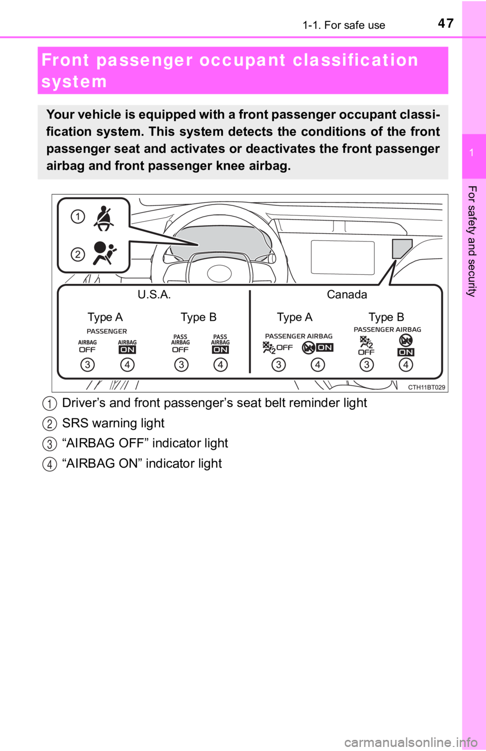TOYOTA CAMRY HYBRID 2020   (in English) Service Manual 471-1. For safe use
1
For safety and security
Front passenger occupant classification 
system
Your vehicle is equipped with a front passenger occupant classi -
fication  system.  This  system  det ect