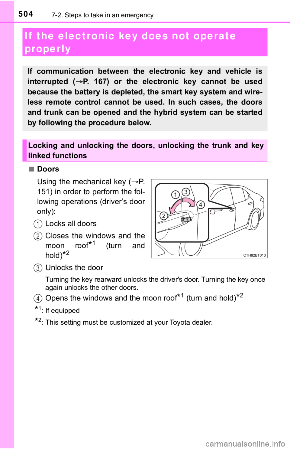 TOYOTA CAMRY HYBRID 2020 Owners Manual (in English) 5047-2. Steps to take in an emergency
■Doors
Using the mechanical key (P.
151) in order to perform the fol-
lowing operations (driver’s door
only):
Locks all doors
Closes the windows an TOYOTA CAMRY HYBRID 2020 Owners Manual (in English) 5047-2. Steps to take in an emergency
■Doors
Using the mechanical key (P.
151) in order to perform the fol-
lowing operations (driver’s door
only):
Locks all doors
Closes the windows an
