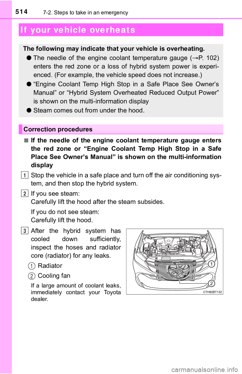 TOYOTA CAMRY HYBRID 2020  Owners Manual (in English) 5147-2. Steps to take in an emergency
■If  the  needle  of  the  engine  coolant  temperature  gauge  enters
the  red  zone  or  “Engine  Coolant  Temp  High  Stop  in  a  Safe
Place See Owner’s