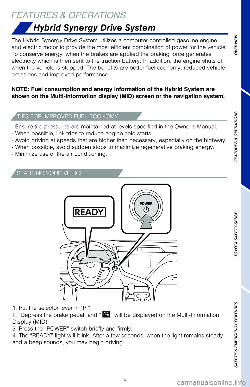TOYOTA CAMRY HYBRID 2020 (in English) User Guide 9
OVERVIEW
FEATURES & OPERATIONS
TOYOTA SAFETY SENSE
SAFETY & EMERGENCY FEATURES
TIPS FOR IMPROVED FUEL ECONOMY
STARTING YOUR VEHICLE
NOTE: Fuel consumption and energy information of the Hybrid System TOYOTA CAMRY HYBRID 2020 (in English) User Guide 9
OVERVIEW
FEATURES & OPERATIONS
TOYOTA SAFETY SENSE
SAFETY & EMERGENCY FEATURES
TIPS FOR IMPROVED FUEL ECONOMY
STARTING YOUR VEHICLE
NOTE: Fuel consumption and energy information of the Hybrid System