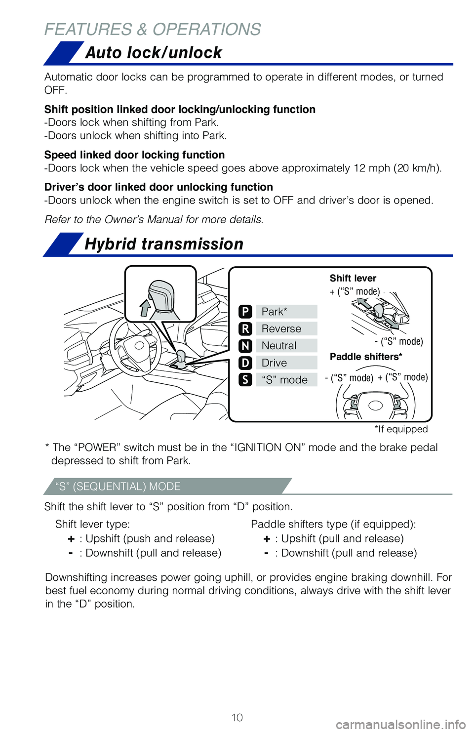 TOYOTA CAMRY HYBRID 2020 (in English) User Guide 10
Hybrid transmission
Auto lock/unlock
FEATURES & OPERATIONS
Automatic door locks can be programmed to operate in different modes, or\
turned
OFF.
Shift position linked door locking/unlocking funct TOYOTA CAMRY HYBRID 2020 (in English) User Guide 10
Hybrid transmission
Auto lock/unlock
FEATURES & OPERATIONS
Automatic door locks can be programmed to operate in different modes, or\
turned
OFF.
Shift position linked door locking/unlocking funct