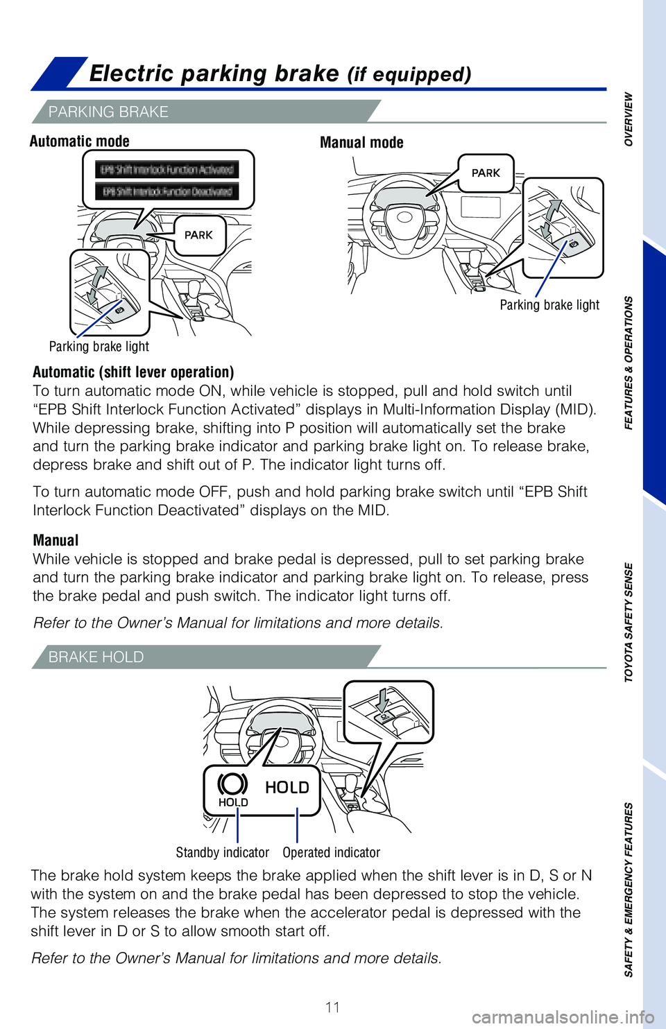 TOYOTA CAMRY HYBRID 2020 (in English) User Guide 11
OVERVIEW
FEATURES & OPERATIONS
TOYOTA SAFETY SENSE
SAFETY & EMERGENCY FEATURES
Electric parking brake (if equipped)
Automatic (shift lever operation)
To turn automatic mode ON, while vehicle is sto TOYOTA CAMRY HYBRID 2020 (in English) User Guide 11
OVERVIEW
FEATURES & OPERATIONS
TOYOTA SAFETY SENSE
SAFETY & EMERGENCY FEATURES
Electric parking brake (if equipped)
Automatic (shift lever operation)
To turn automatic mode ON, while vehicle is sto