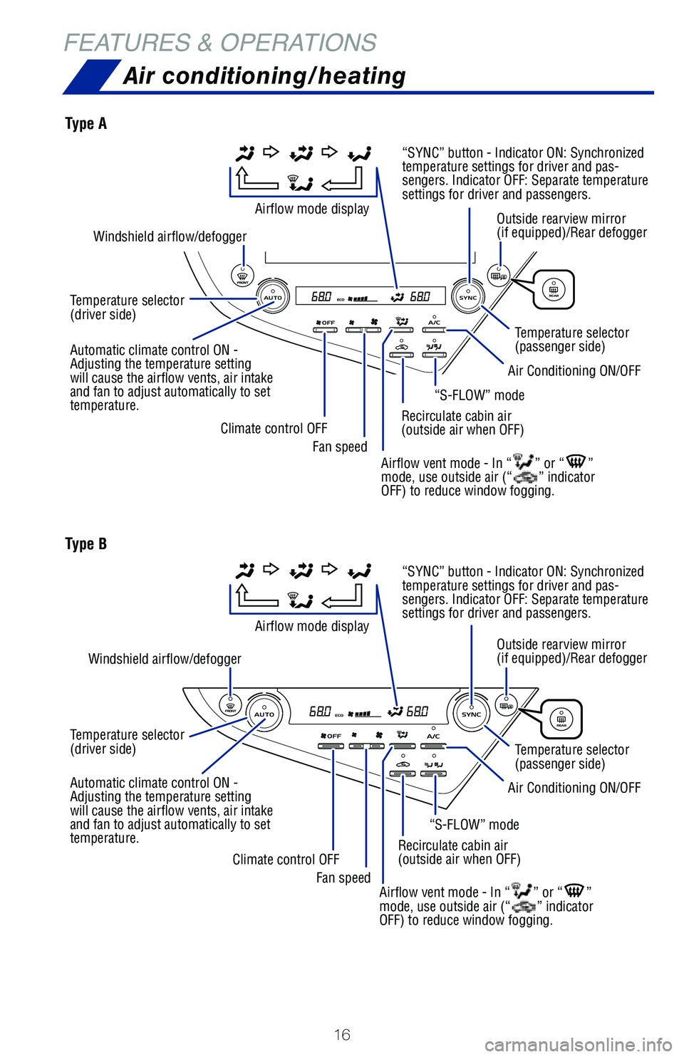 TOYOTA CAMRY HYBRID 2020 (in English) User Guide 16
FEATURES & OPERATIONSAir conditioning/heating
Temperature selector
(driver side)
Temperature selector
(driver side)
Automatic climate control ON -
Adjusting the temperature setting
will cause t TOYOTA CAMRY HYBRID 2020 (in English) User Guide 16
FEATURES & OPERATIONSAir conditioning/heating
Temperature selector
(driver side)
Temperature selector
(driver side)
Automatic climate control ON -
Adjusting the temperature setting
will cause t