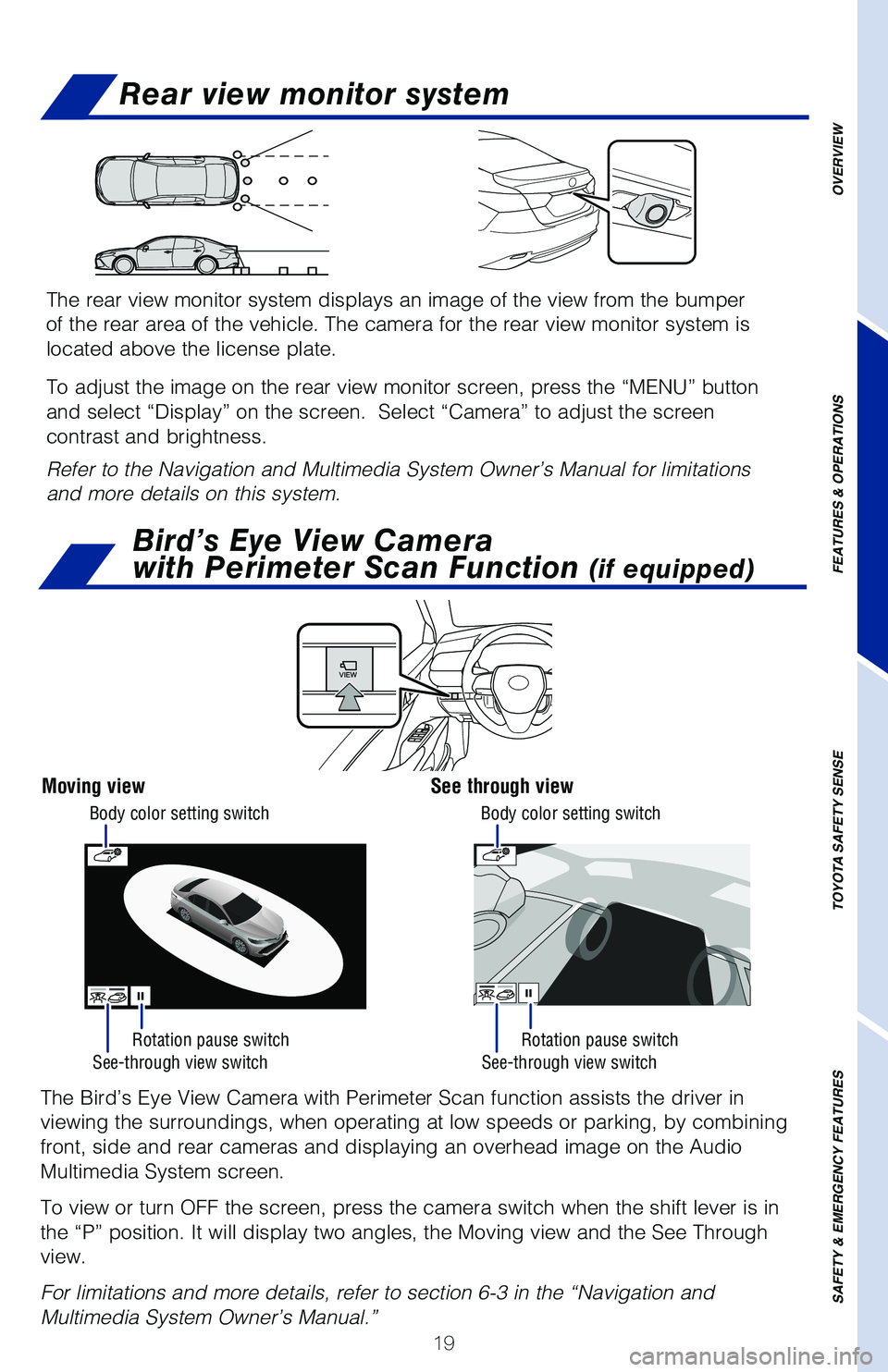 TOYOTA CAMRY HYBRID 2020 (in English) Owners Manual 19
Rear view monitor system
OVERVIEW
FEATURES & OPERATIONS
TOYOTA SAFETY SENSE
SAFETY & EMERGENCY FEATURES
See-through view switch See-through view switch
Rotation pause switch
Rotation pause switch
T TOYOTA CAMRY HYBRID 2020 (in English) Owners Manual 19
Rear view monitor system
OVERVIEW
FEATURES & OPERATIONS
TOYOTA SAFETY SENSE
SAFETY & EMERGENCY FEATURES
See-through view switch See-through view switch
Rotation pause switch
Rotation pause switch
T