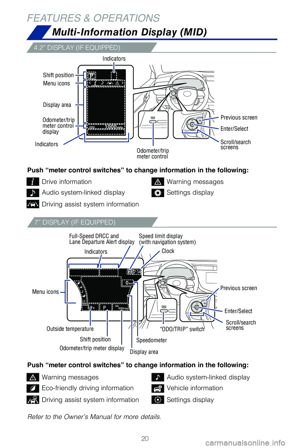 TOYOTA CAMRY HYBRID 2020 (in English) Owners Manual 20
FEATURES & OPERATIONSMulti-Information Display (MID)
4.2” DISPLAY (IF EQUIPPED)
7” DISPLAY (IF EQUIPPED)
Push “meter control switches” to change information in the following:
Push “meter TOYOTA CAMRY HYBRID 2020 (in English) Owners Manual 20
FEATURES & OPERATIONSMulti-Information Display (MID)
4.2” DISPLAY (IF EQUIPPED)
7” DISPLAY (IF EQUIPPED)
Push “meter control switches” to change information in the following:
Push “meter