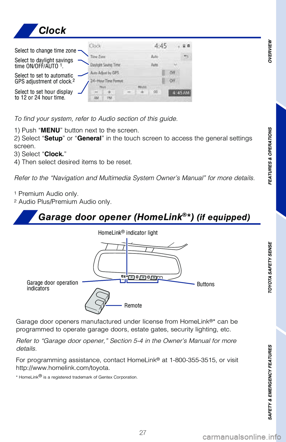 TOYOTA CAMRY HYBRID 2020 (in English) Owners Manual 27
OVERVIEW
FEATURES & OPERATIONS
TOYOTA SAFETY SENSE
SAFETY & EMERGENCY FEATURES
To find your system, refer to Audio section of this guide.
1) Push “MENU” button next to the screen.
2) Select TOYOTA CAMRY HYBRID 2020 (in English) Owners Manual 27
OVERVIEW
FEATURES & OPERATIONS
TOYOTA SAFETY SENSE
SAFETY & EMERGENCY FEATURES
To find your system, refer to Audio section of this guide.
1) Push “MENU” button next to the screen.
2) Select