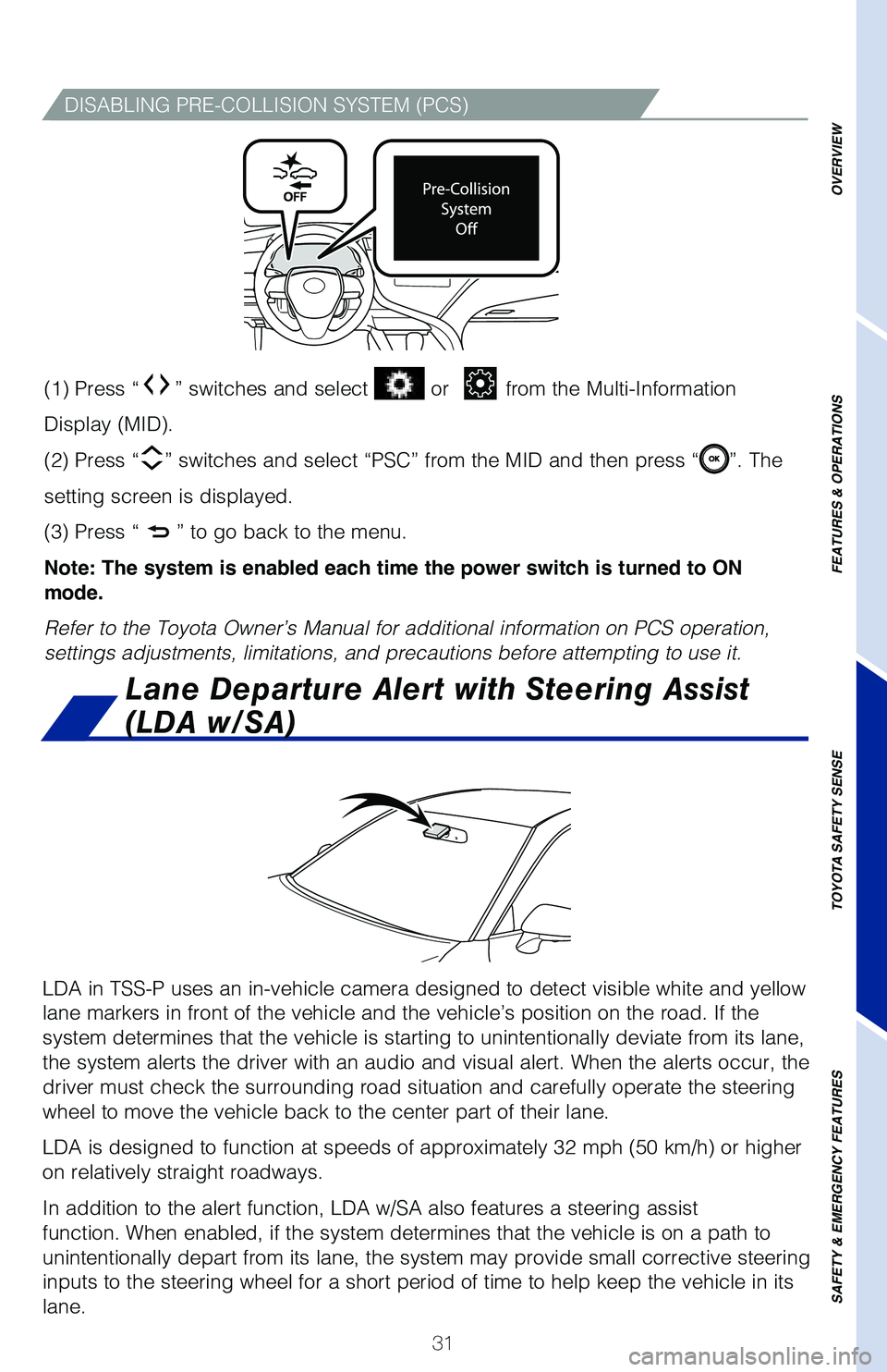 TOYOTA CAMRY HYBRID 2020 (in English) Owners Guide 31
DISABLING PRE-COLLISION SYSTEM (PCS)
LDA in TSS-P uses an in-vehicle camera designed to detect visible white \
and yellow
lane markers in front of the vehicle and the vehicle’s position on th\
e TOYOTA CAMRY HYBRID 2020 (in English) Owners Guide 31
DISABLING PRE-COLLISION SYSTEM (PCS)
LDA in TSS-P uses an in-vehicle camera designed to detect visible white \
and yellow
lane markers in front of the vehicle and the vehicle’s position on th\
e