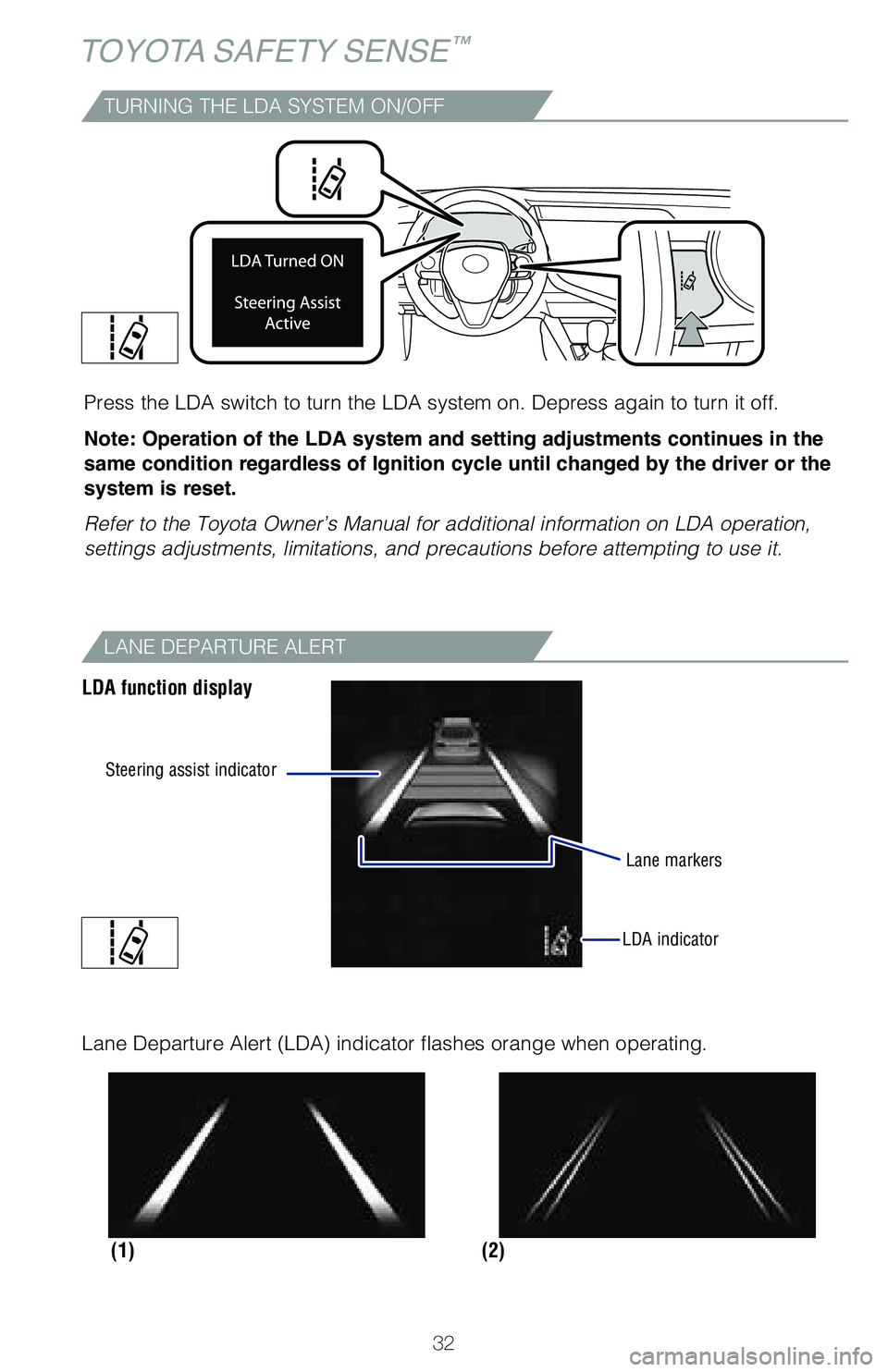 TOYOTA CAMRY HYBRID 2020 (in English) Owners Guide 32
TOYOTA SAFETY SENSE™
TURNING THE LDA SYSTEM ON/OFF
Press the LDA switch to turn the LDA system on. Depress again to turn it\
off.
Note: Operation of the LDA system and setting adjustments contin TOYOTA CAMRY HYBRID 2020 (in English) Owners Guide 32
TOYOTA SAFETY SENSE™
TURNING THE LDA SYSTEM ON/OFF
Press the LDA switch to turn the LDA system on. Depress again to turn it\
off.
Note: Operation of the LDA system and setting adjustments contin