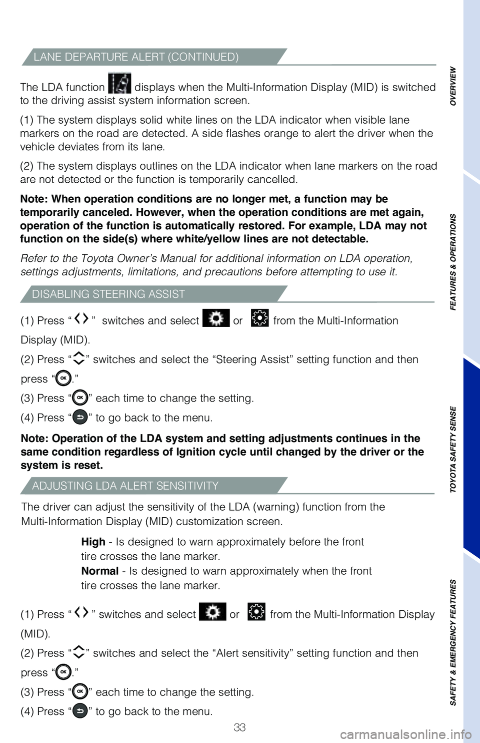 TOYOTA CAMRY HYBRID 2020 (in English) Owners Guide 33
The LDA function
displays when the Multi-Information Display (MID) is switched
to the driving assist system information screen.
(1) The system displays solid white lines on the LDA indicator whe TOYOTA CAMRY HYBRID 2020 (in English) Owners Guide 33
The LDA function
displays when the Multi-Information Display (MID) is switched
to the driving assist system information screen.
(1) The system displays solid white lines on the LDA indicator whe