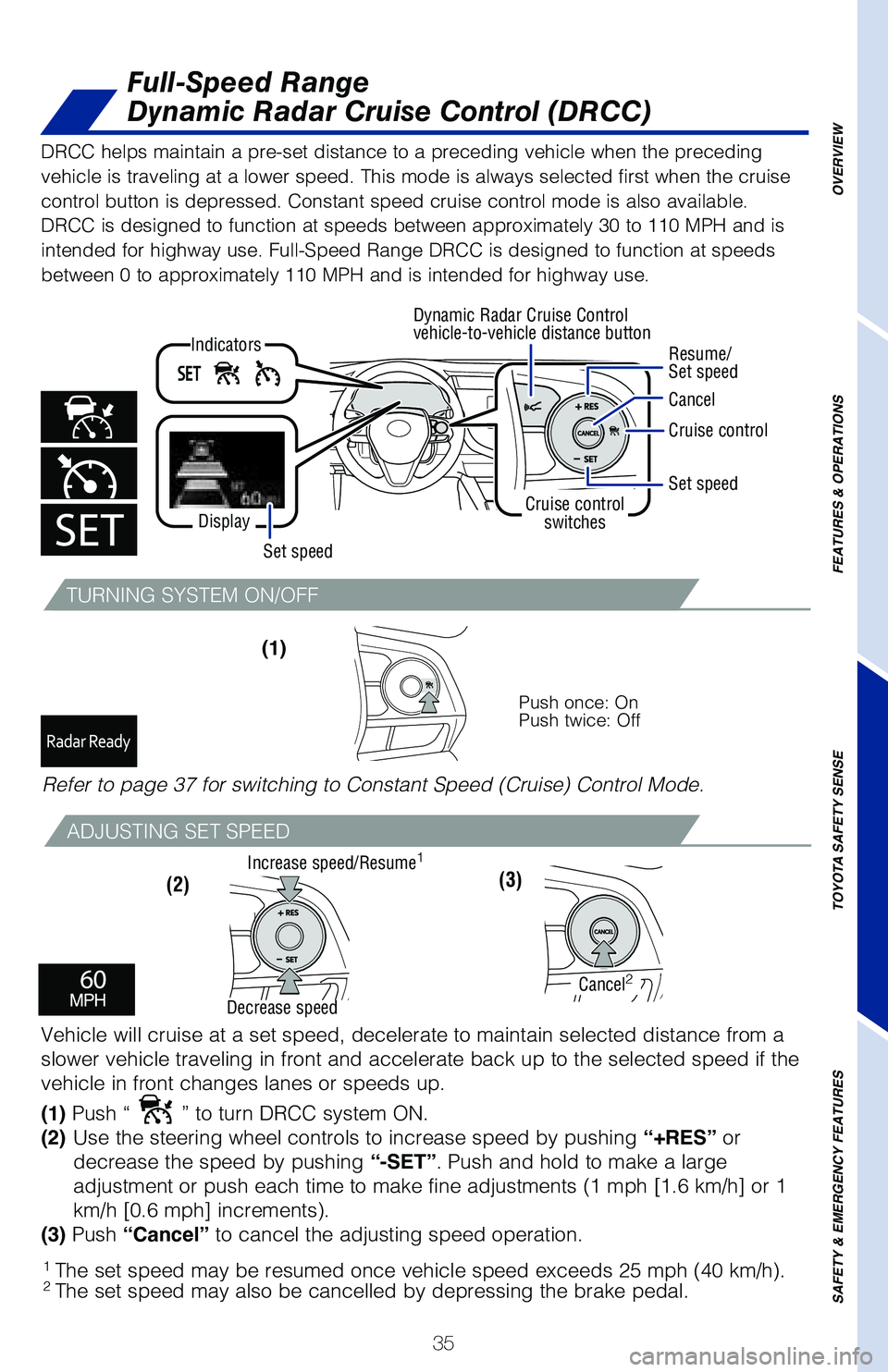 TOYOTA CAMRY HYBRID 2020 (in English) Owners Guide 35
Full-Speed Range
Dynamic Radar Cruise Control (DRCC)
OVERVIEW
FEATURES & OPERATIONS
TOYOTA SAFETY SENSE
SAFETY & EMERGENCY FEATURES
TURNING SYSTEM ON/OFF
ADJUSTING SET SPEED
Vehicle will cruise at TOYOTA CAMRY HYBRID 2020 (in English) Owners Guide 35
Full-Speed Range
Dynamic Radar Cruise Control (DRCC)
OVERVIEW
FEATURES & OPERATIONS
TOYOTA SAFETY SENSE
SAFETY & EMERGENCY FEATURES
TURNING SYSTEM ON/OFF
ADJUSTING SET SPEED
Vehicle will cruise at