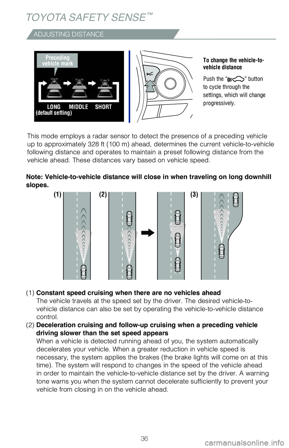 TOYOTA CAMRY HYBRID 2020 (in English) Owners Guide 36
TOYOTA SAFETY SENSE™
ADJUSTING DISTANCE
To change the vehicle-to-
vehicle distance
Push the “
” button
to cycle through the
settings, which will change
progressively.
This mode employs TOYOTA CAMRY HYBRID 2020 (in English) Owners Guide 36
TOYOTA SAFETY SENSE™
ADJUSTING DISTANCE
To change the vehicle-to-
vehicle distance
Push the “
” button
to cycle through the
settings, which will change
progressively.
This mode employs