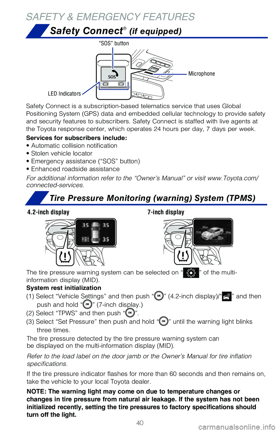 TOYOTA CAMRY HYBRID 2020 (in English) Service Manual 40
SAFETY & EMERGENCY FEATURESSafety Connect
® (if equipped)
Tire Pressure Monitoring (warning) System (TPMS)
The tire pressure detected by the tire pressure warning system can
be displayed on the mu TOYOTA CAMRY HYBRID 2020 (in English) Service Manual 40
SAFETY & EMERGENCY FEATURESSafety Connect
® (if equipped)
Tire Pressure Monitoring (warning) System (TPMS)
The tire pressure detected by the tire pressure warning system can
be displayed on the mu
