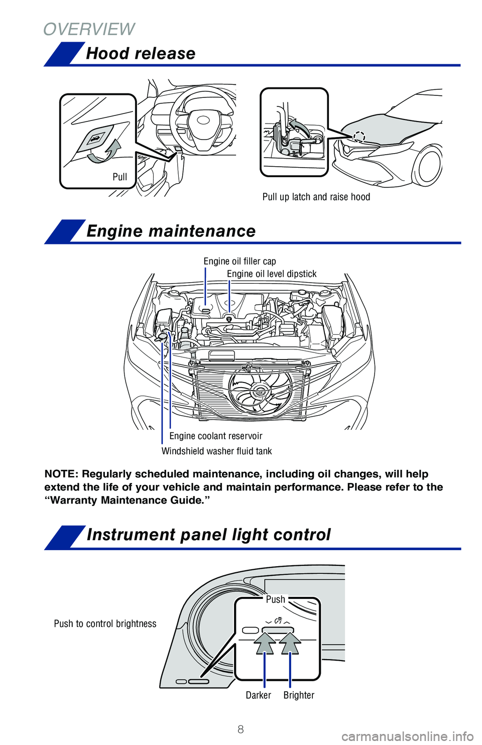 TOYOTA CAMRY HYBRID 2020 Owners Manual (in English) 8
OVERVIEWHood release
Engine maintenance
Instrument panel light control
Push to control brightness
Windshield washer fluid tank Engine oil level dipstick
Engine coolant reservoir
Engine oil filler ca TOYOTA CAMRY HYBRID 2020 Owners Manual (in English) 8
OVERVIEWHood release
Engine maintenance
Instrument panel light control
Push to control brightness
Windshield washer fluid tank Engine oil level dipstick
Engine coolant reservoir
Engine oil filler ca